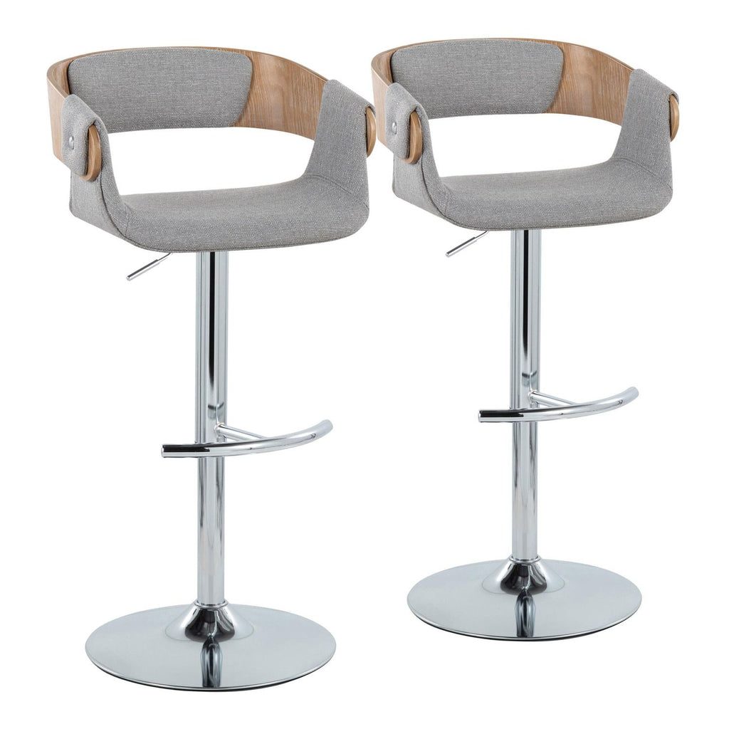 Elisa Mid-Century Modern Adjustable Barstool with Swivel in Chrome Metal, Whitewashed Wood and Grey Fabric with Rounded T Footrest by - Set of 2