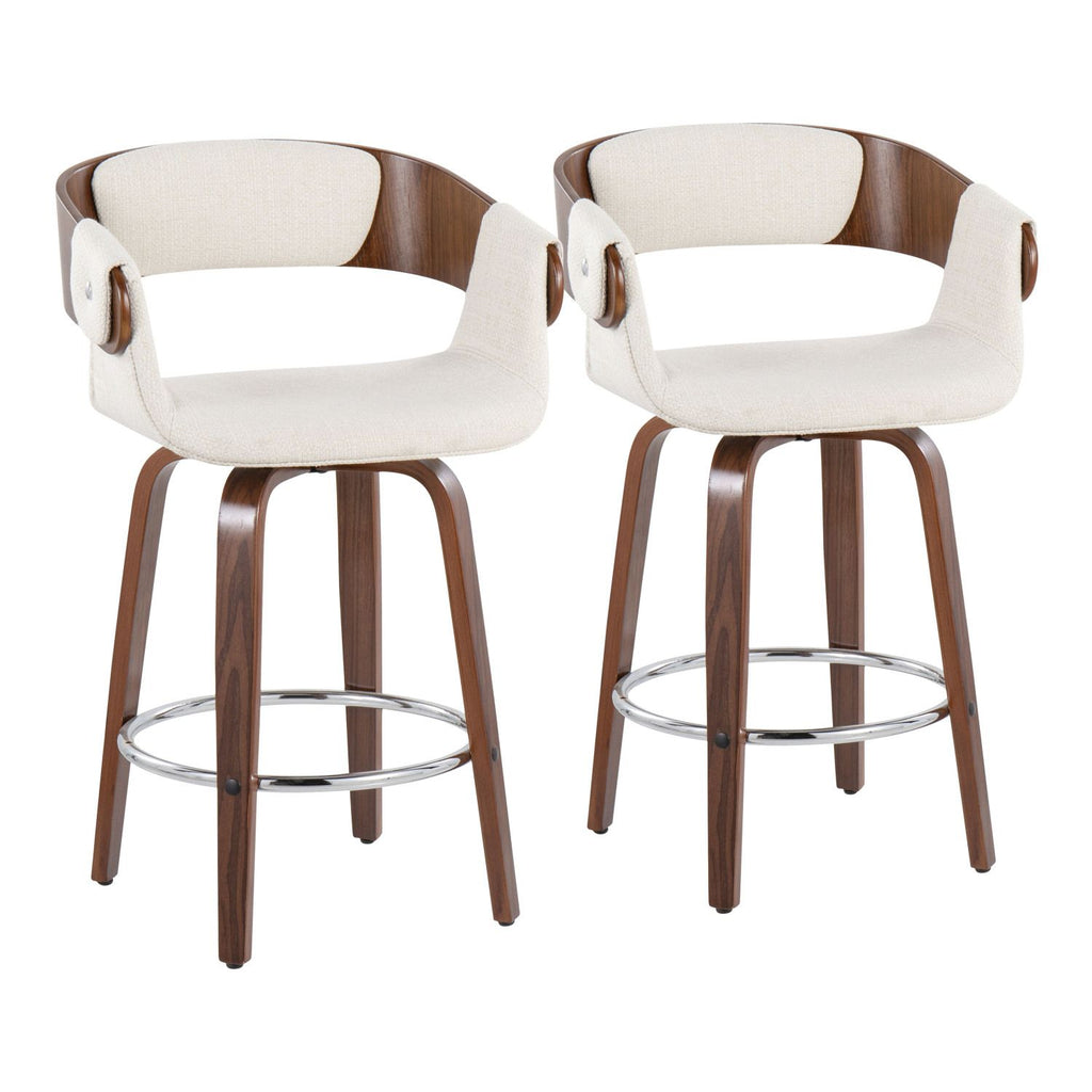 Elisa Mid-Century Modern Counter Stool in Walnut and Cream Fabric by - Set of 2
