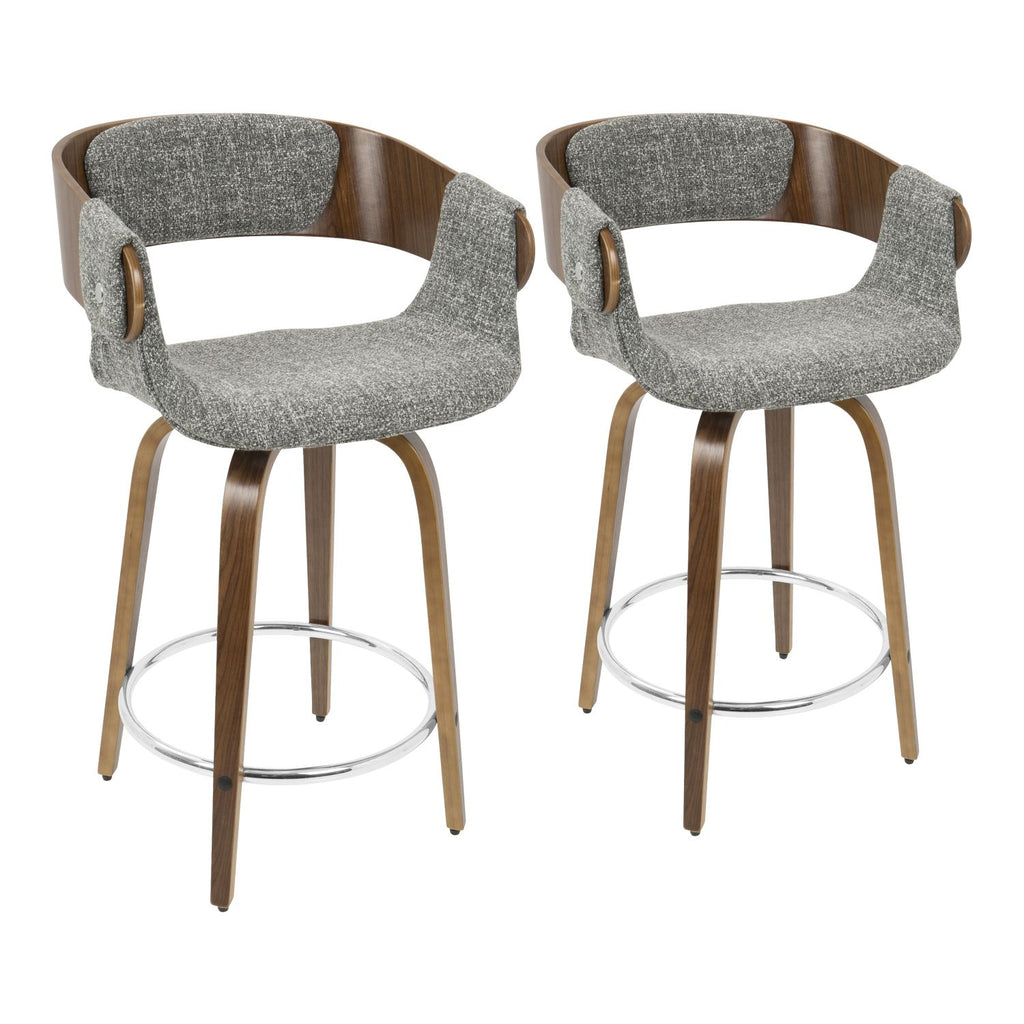 Elisa Mid-Century Modern Counter Stool in Walnut and Grey Fabric by - Set of 2