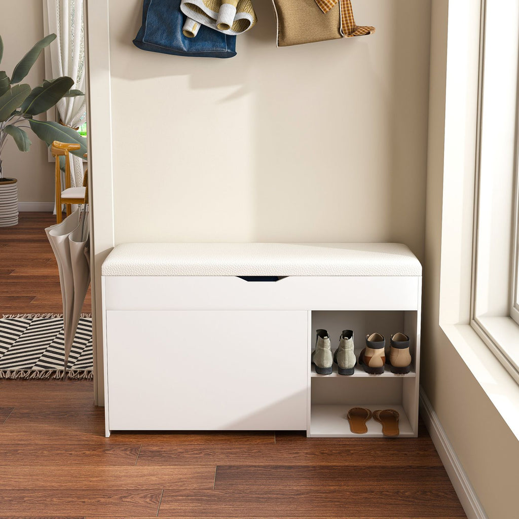 Entryway Bench with Shoe Storage,Adjustable 3-Tier Flip-Up Drawers & Hidden Cabinet,Space-Saving Shoe Organizer,Triple Storage and Modern Design,for Hallway and Living Room,White