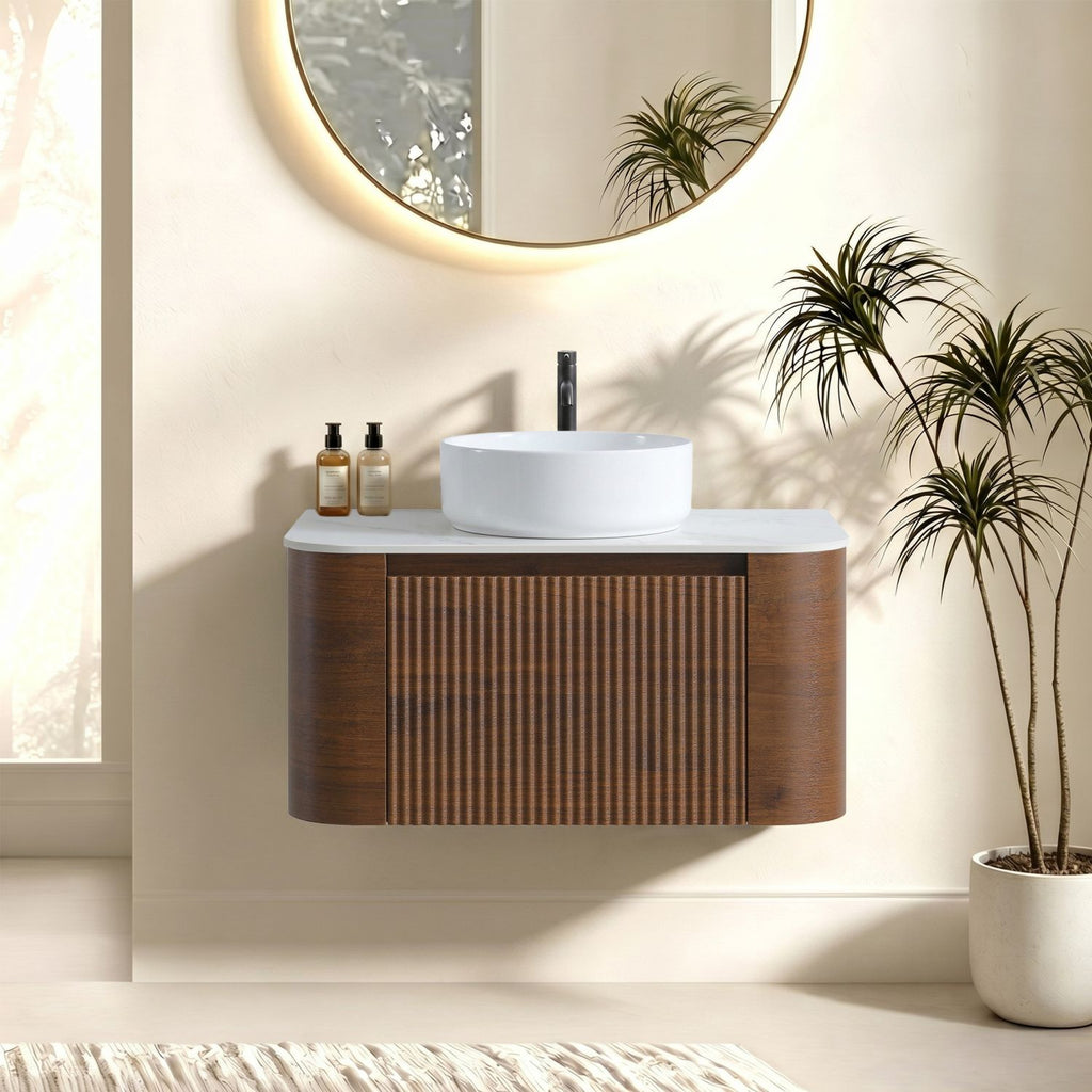 Erba 30 inch Bathroom Vanity with Sink, Walnut Wall Cabinet with Free Towel Rack, Single White Ceramic Basin Design, without Drain and Faucet, Pre-assembled