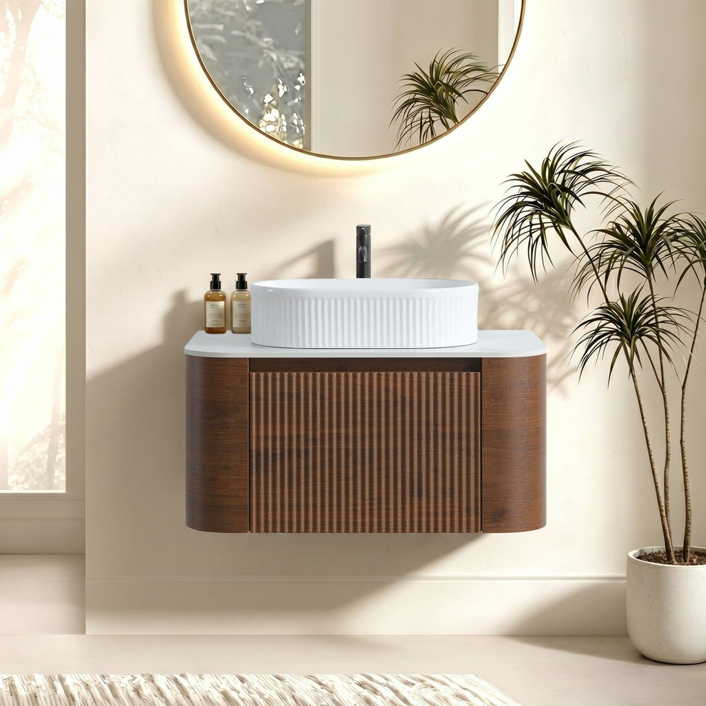 Erba 30 inch Bathroom Vanity with Sink, Walnut Wall Cabinet with Free Towel Rack, Single White Oval Striped Ceramic Basin Design, without Drain and Faucet, Pre-assembled