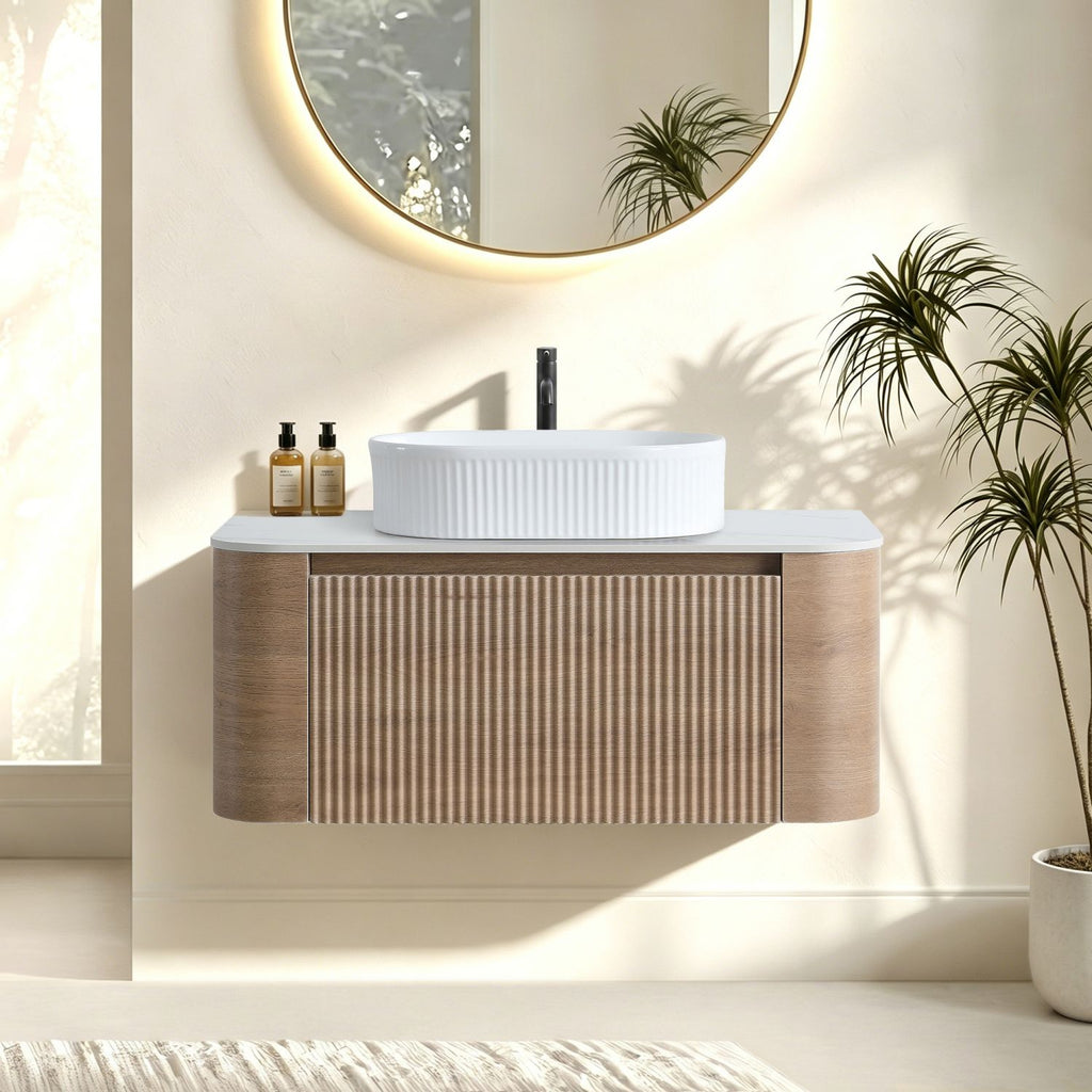 Erba 36 inch Bathroom Vanity with Sink, Honey Oak Wall Cabinet with Free Towel Rack, Single White Oval Striped Ceramic Basin Design, without Drain and Faucet, Pre-assembled