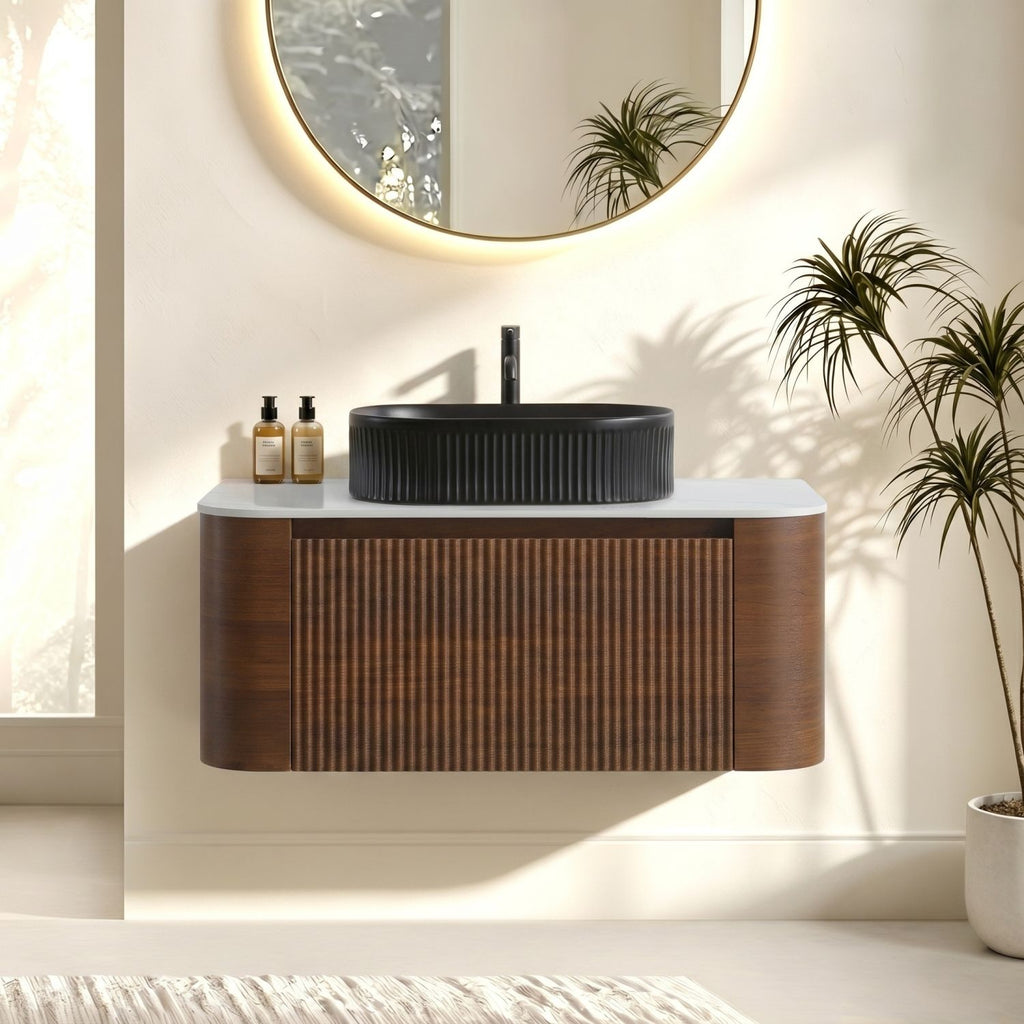 Erba 36 inch Bathroom Vanity with Sink, Walnut Wall Cabinet with Free Towel Rack, Single Black Oval Striped Ceramic Basin Design, without Drain and Faucet, Pre-assembled