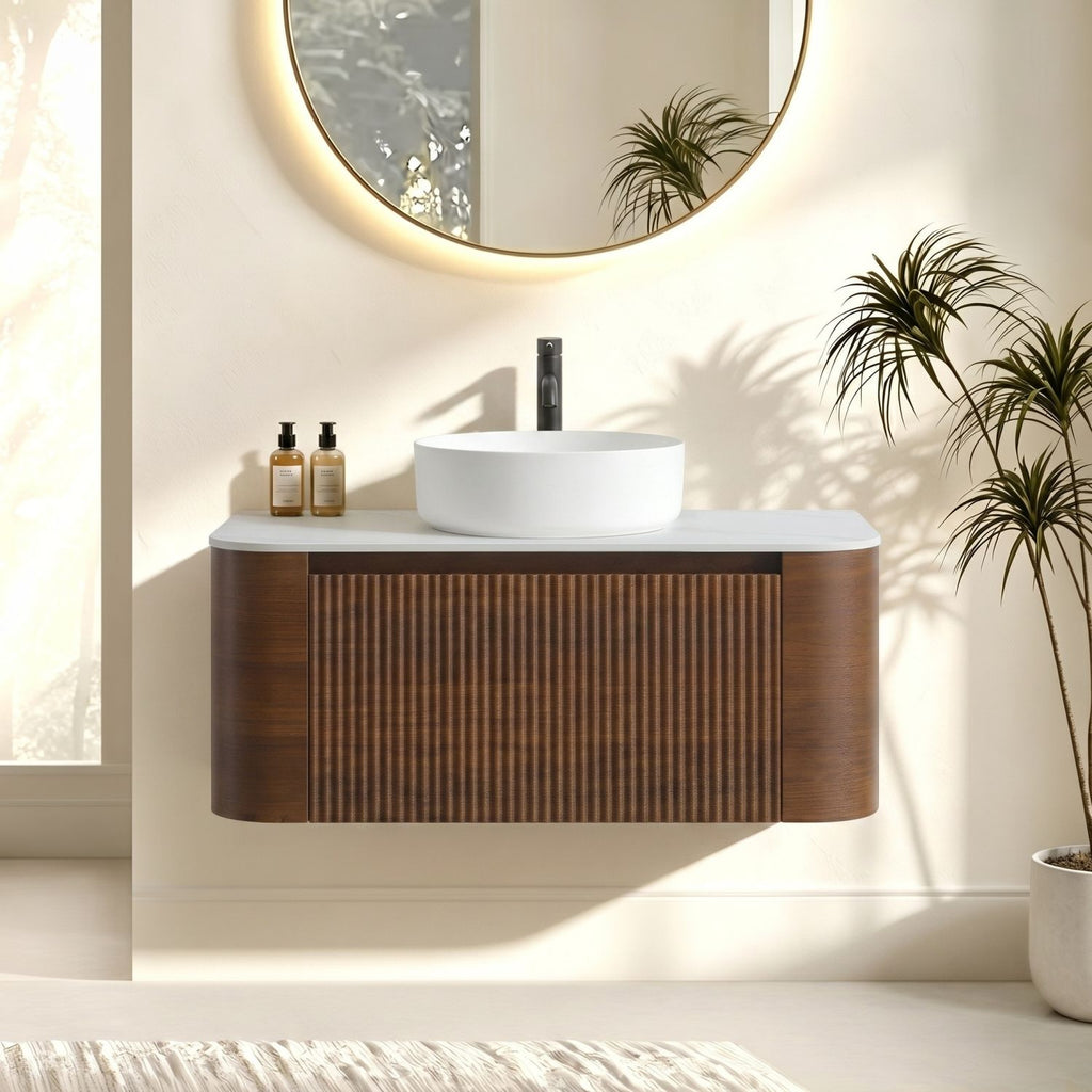 Erba 36 inch Bathroom Vanity with Sink, Walnut Wall Cabinet with Free Towel Rack, Single White Ceramic Basin Design, without Drain and Faucet, Pre-assembled