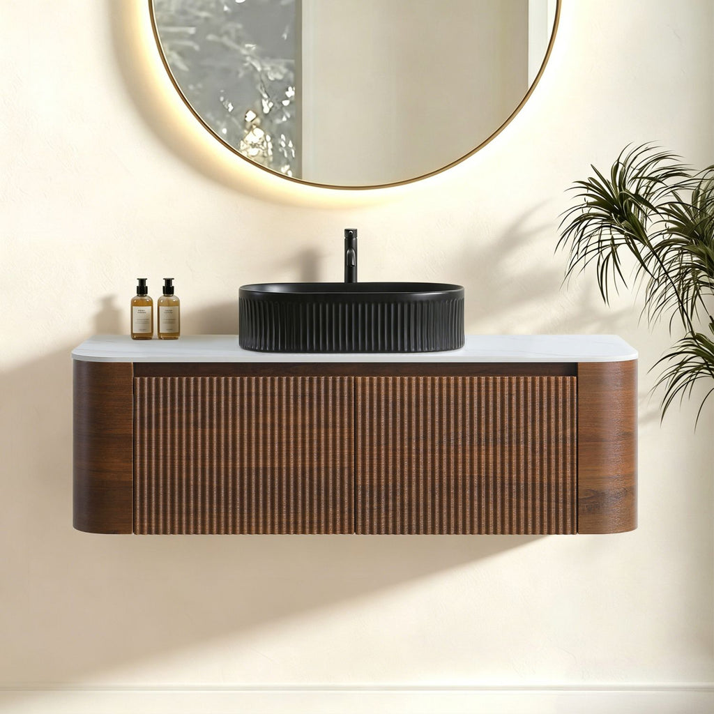 Erba 48 inch Bathroom Vanity with Sink, Walnut Wall Cabinet with Free Towel Rack, Single Black Oval Striped Ceramic Basin Design, without Drain and Faucet, Pre-assembled