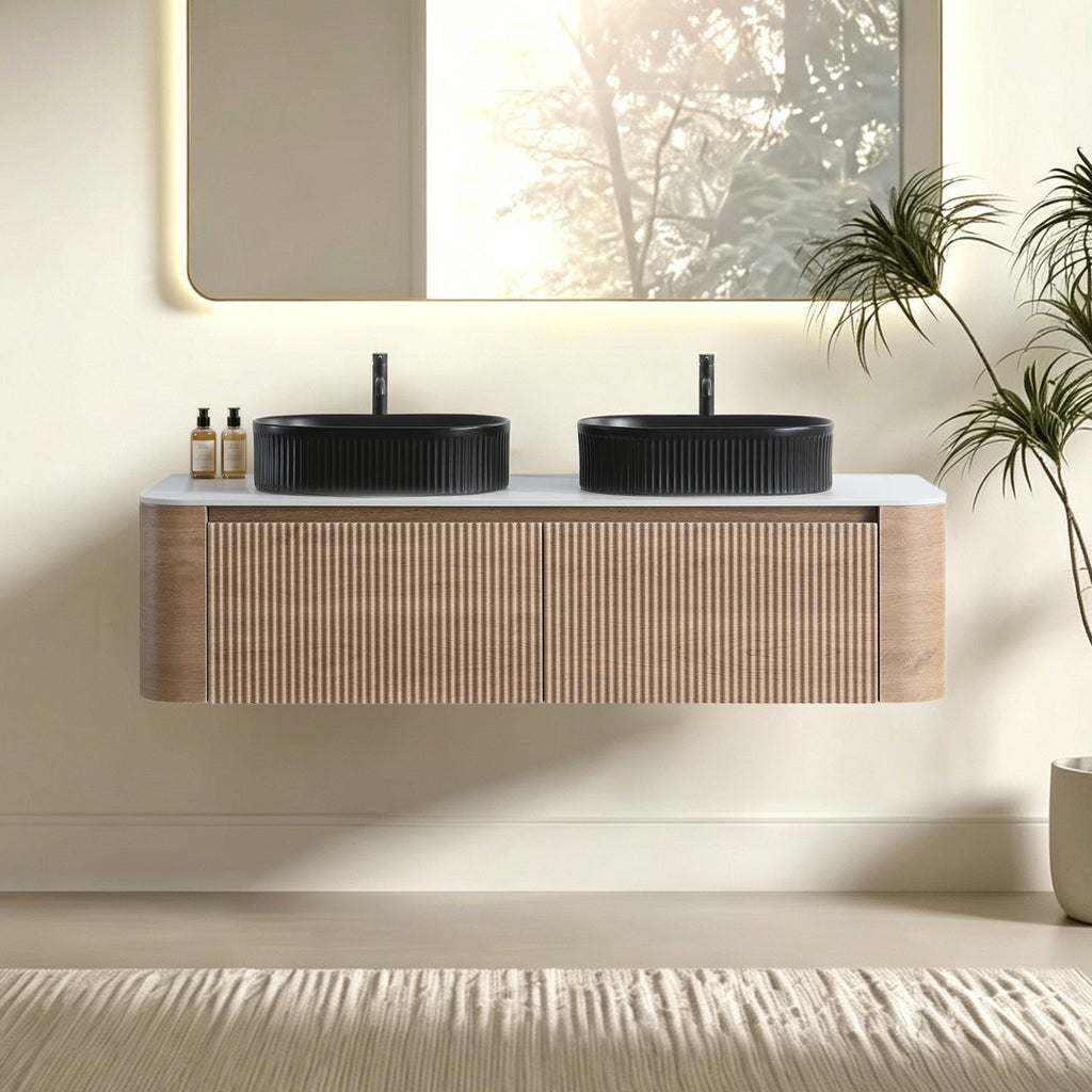 Erba 60 inch Bathroom Vanity with Sink, Honey Oak Wall Cabinet with Free Towel Rack, Double Black Oval Striped Ceramic Basins Design, without Drain and Faucet, Pre-assembled