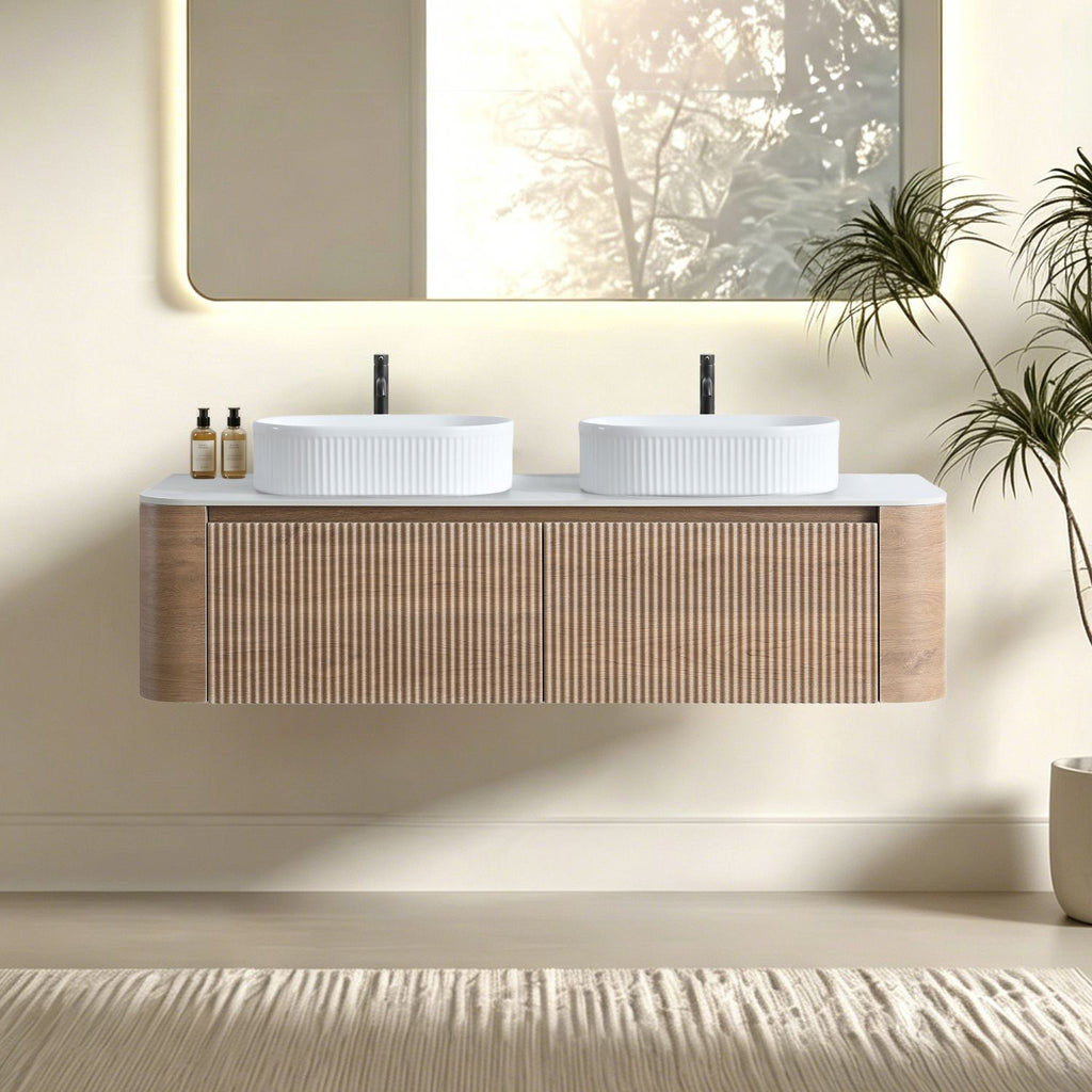 Erba 60 inch Bathroom Vanity with Sink, Honey Oak Wall Cabinet with Free Towel Rack, Double White Oval Striped Ceramic Basins Design, without Drain and Faucet, Pre-assembled