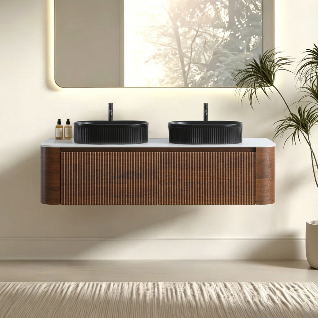Erba 60 inch Bathroom Vanity with Sink, Walnut Wall Cabinet with Free Towel Rack, Double Black Oval Striped Ceramic Basins Design, without Drain and Faucet, Pre-assembled