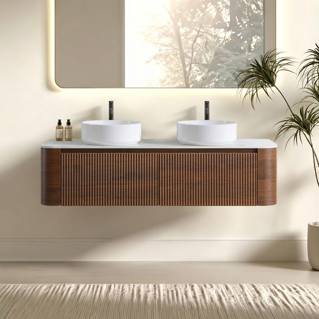 Erba 60 inch Bathroom Vanity with Sink, Walnut Wall Cabinet with Free Towel Rack, Double White Ceramic Basins Design, without Drain and Faucet, Pre-assembled