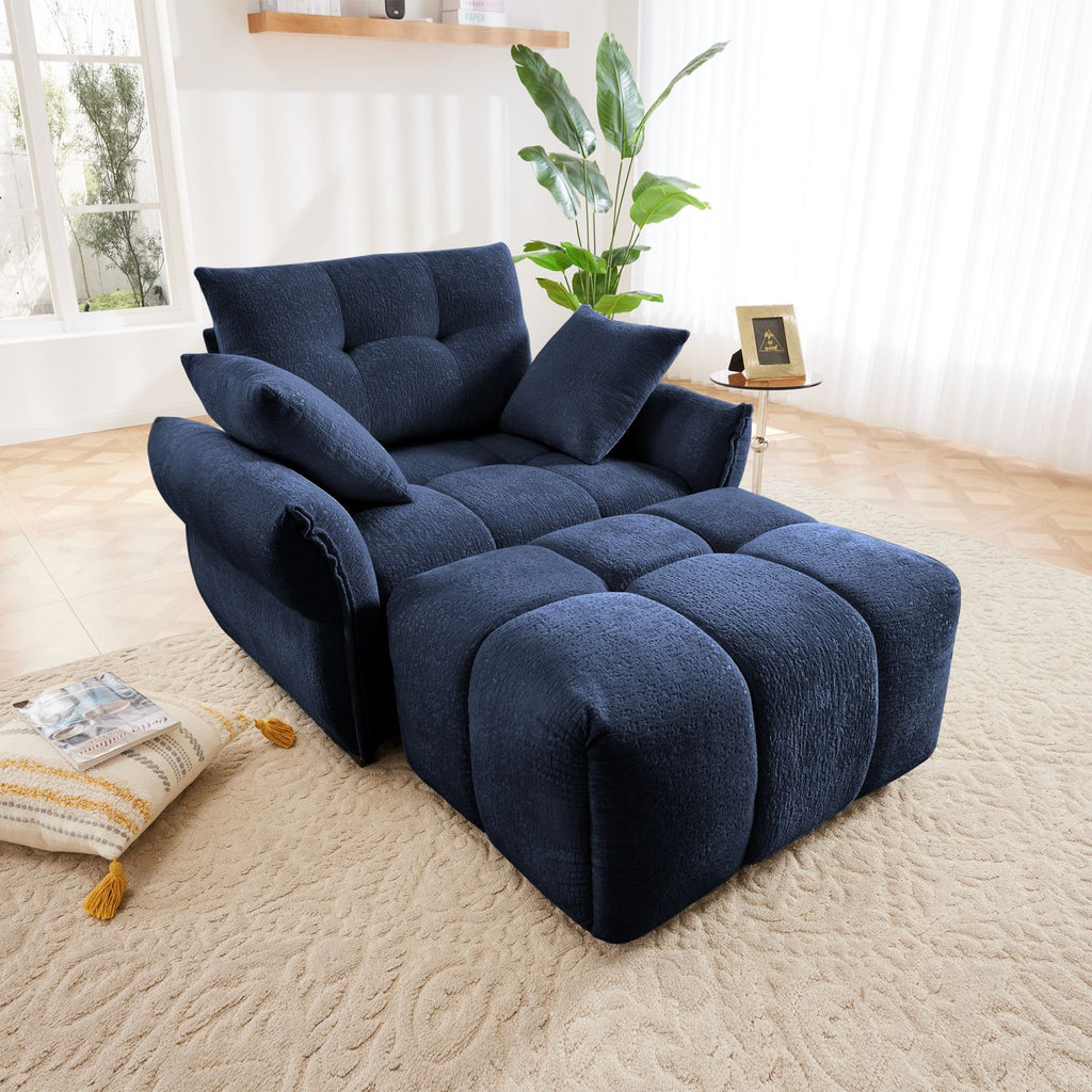 Ergonomic Single Seater Sofa With Ottoman, High-Resilience Support Cushions, Easy Assembly Modern Lounge Chair for Living Room, Office, Study, Blue