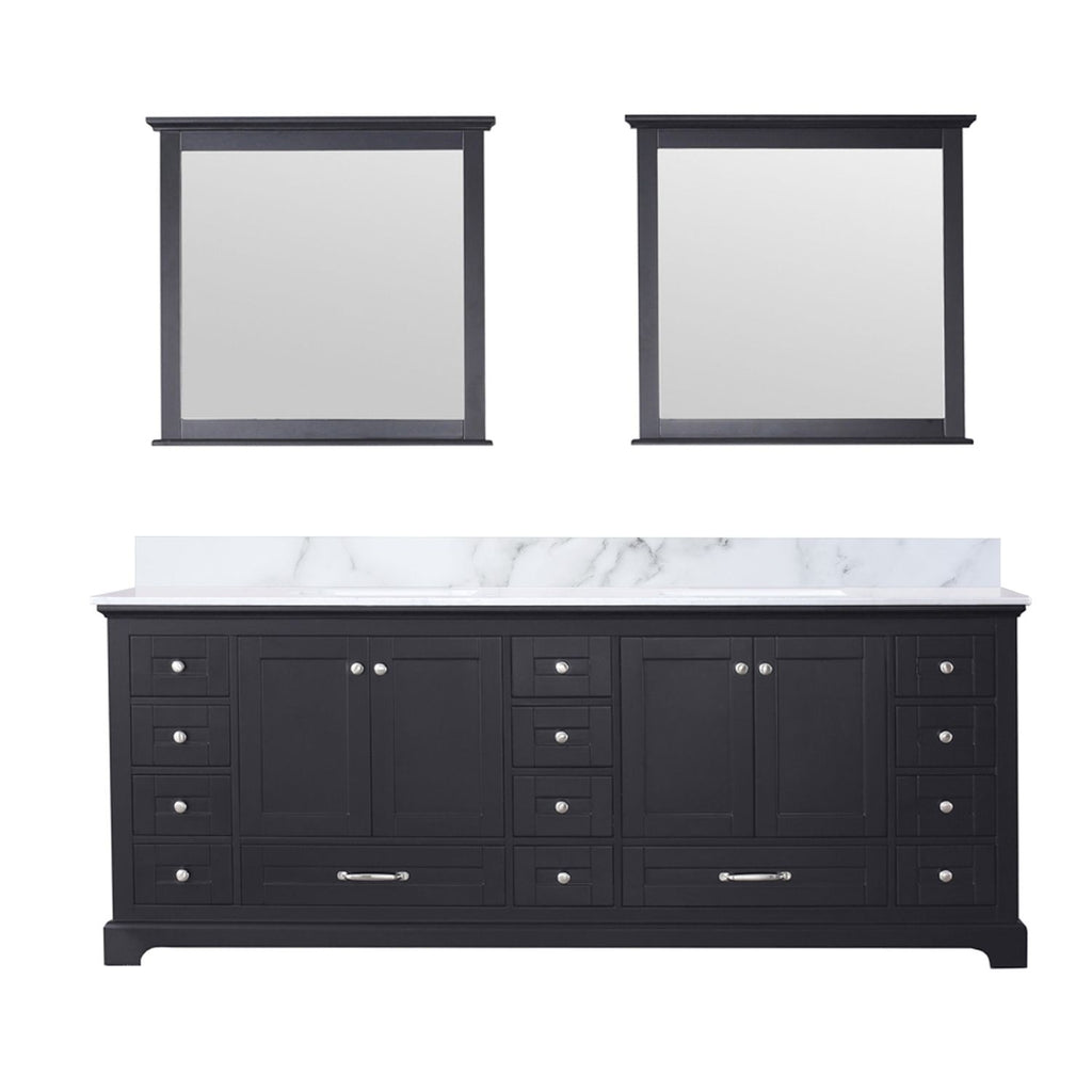 Espresso Double Bath Vanity 84 in. W x 22 in. D, Carrara Marble Top, and 34 in. Mirrors
