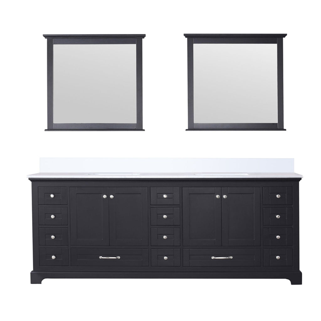 Espresso Double Bath Vanity 84 in. W x 22 in. D, White Quartz Top, and 34 in. Mirrors