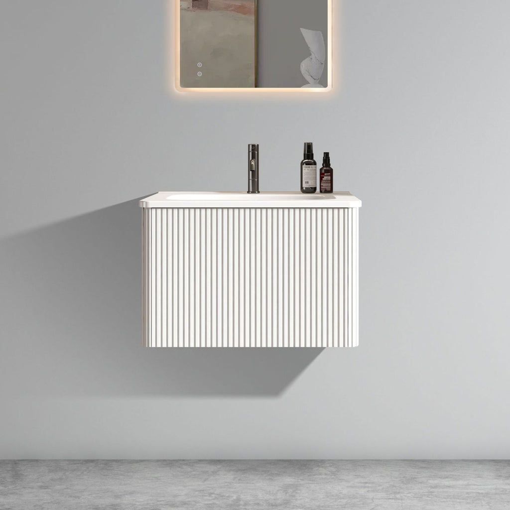 Etna 24" Striped Soft White Bathroom Vanity with White Solid Surface Sink, Wall Mounted Floating Bathroom Vanity for Modern Bathroom, One-Piece White Sink Basin without Drain, Pre-assembled