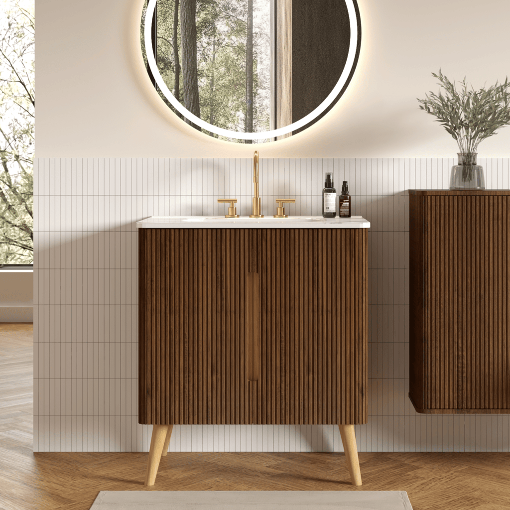 Etna 30"F Striped Walnut Bathroom Vanity with Carrara White Ceramic Sink with three faucet holes, Large Storage Freestanding Bathroom Vanity for Modern Bathroom, KD