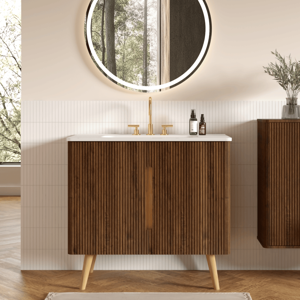 Etna 36"F Striped Walnut Bathroom Vanity with Carrara White Ceramic Sink with three faucet holes, Large Storage Freestanding Bathroom Vanity for Modern Bathroom, KD