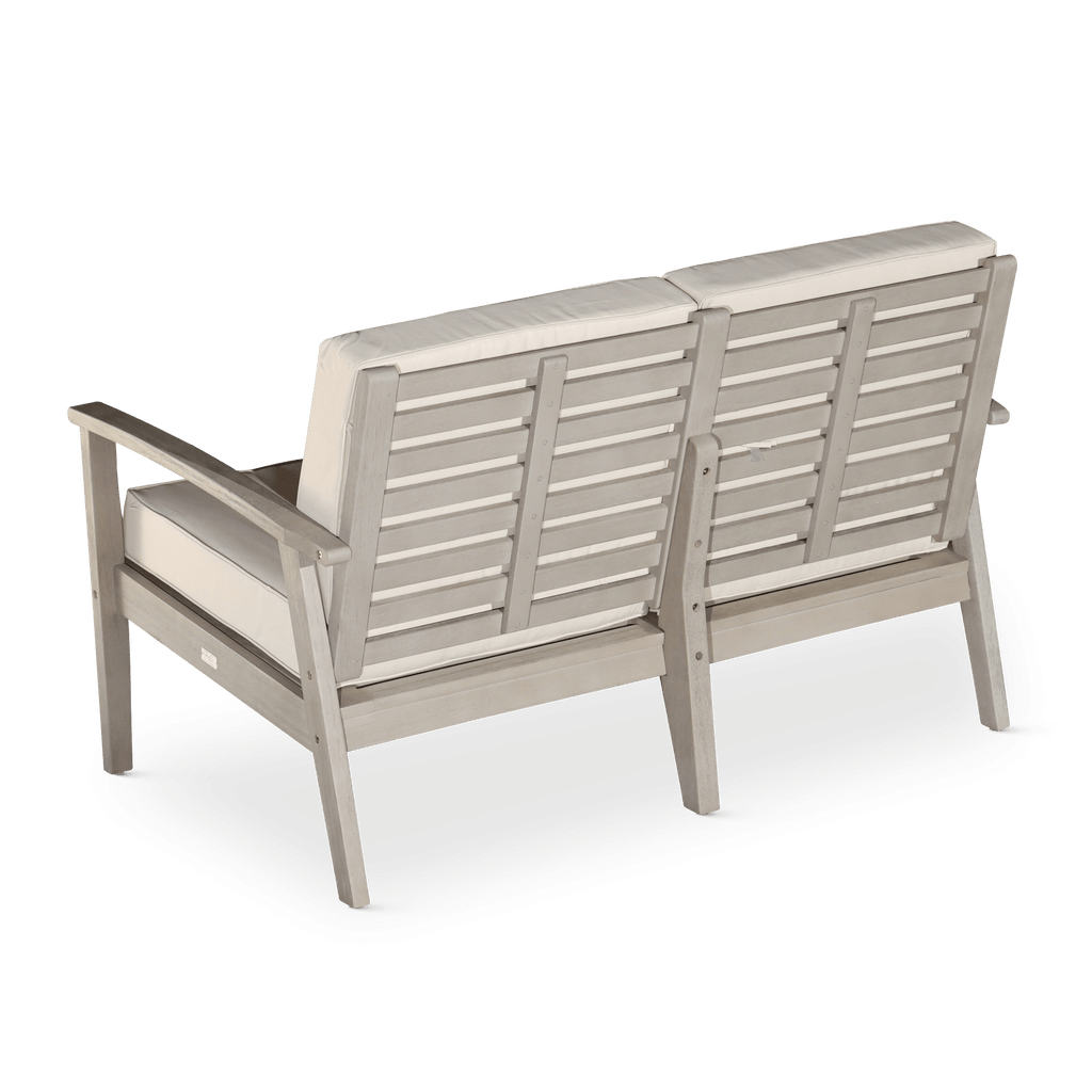 Eucalyptus Loveseat with Cushions, Driftwood Gray Finish, Burgundy Cushions