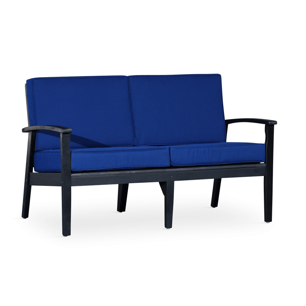 Eucalyptus Loveseat with Cushions, Espresso Finish, Navy Cushions
