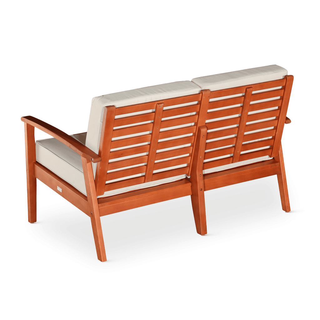 Eucalyptus Loveseat with Cushions, Natural Oil Finish, Navy Cushions