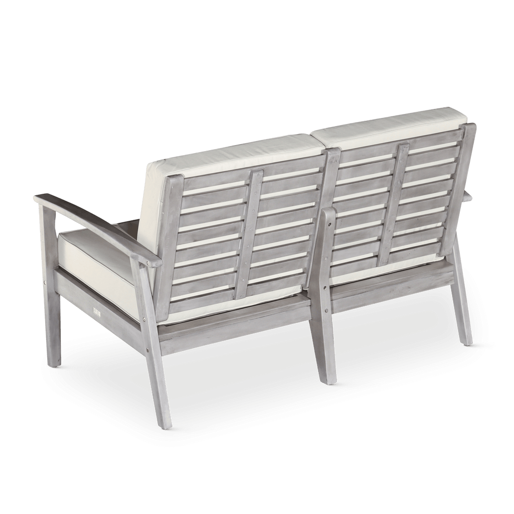 Eucalyptus Loveseat with Cushions, Silver Gray Finish, Navy Cushions