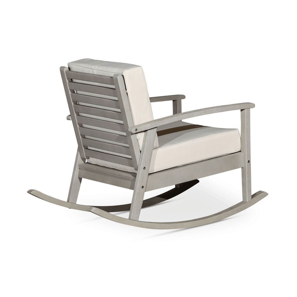Eucalyptus Rocking Chair with Cushions, Driftwood Gray Finish, Burgundy Cushions