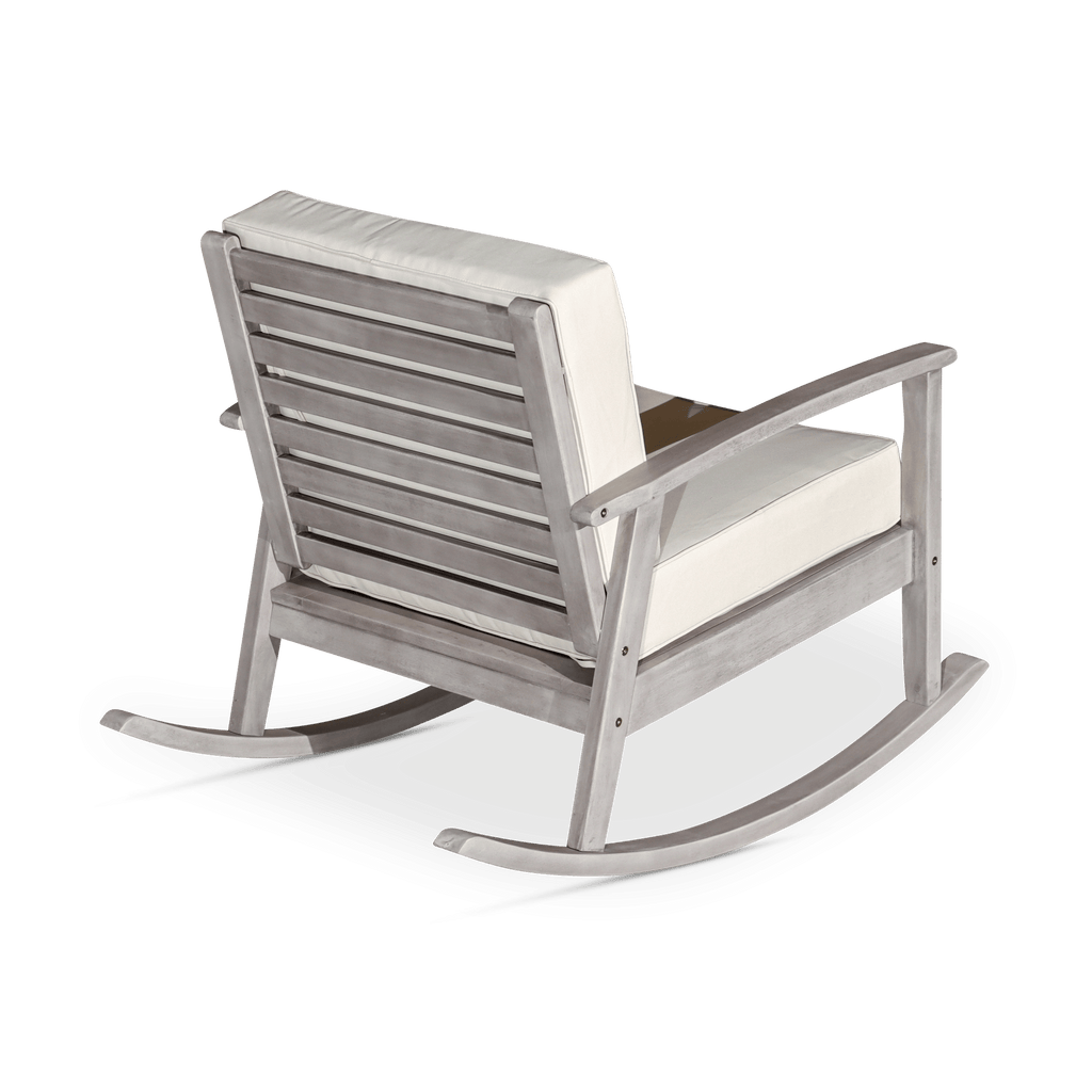 Eucalyptus Rocking Chair with Cushions, Silver Gray Finish, Burgundy Cushions