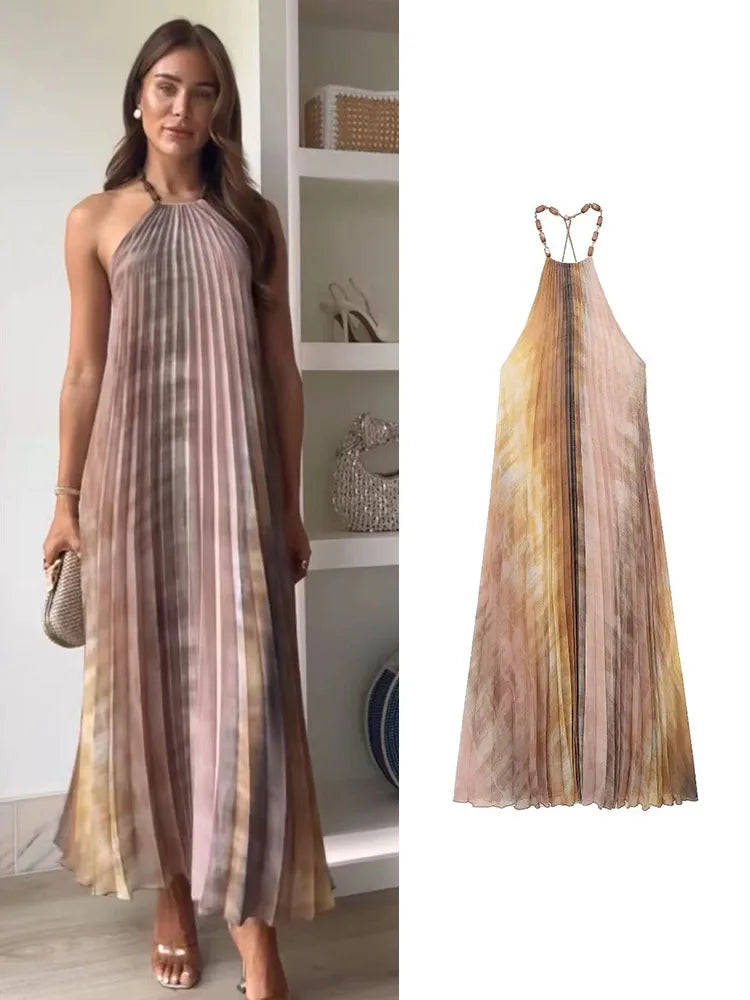 Tie Dyed Pleated Midi Dress for Women Beaded Halter Collar Elegant Casual Sexy Thin Party Dress
