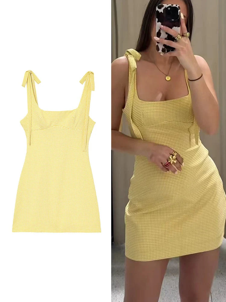 Elegant Yellow Plaid Sling Dress for Women with Bow Strap Short Summer Casual and Party Wear