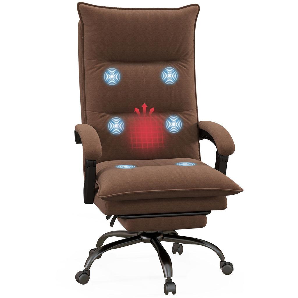 Executive Massage Office Chair with 6 Vibration Points, Microfiber Computer Desk Chair, Heated Reclining Chair with Footrest, Armrest, Double Padding, Brown