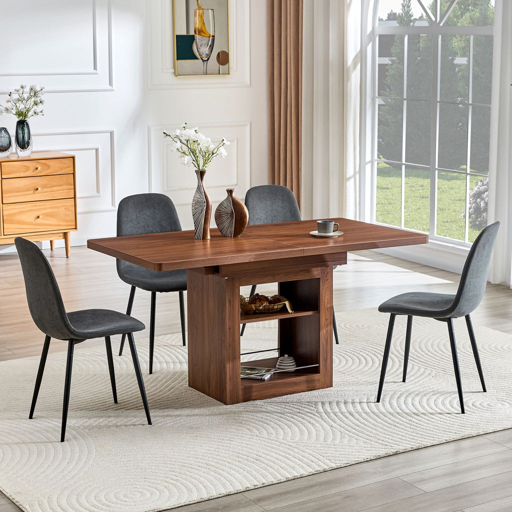 Expandable Dining table and chair set, 59-71 inch pull-out MDF table.Paired With 4 Dark Gray Linen-Cotton Material chairs, modern light luxury restaurant furniture.Suitable for restaurants, kitchens,