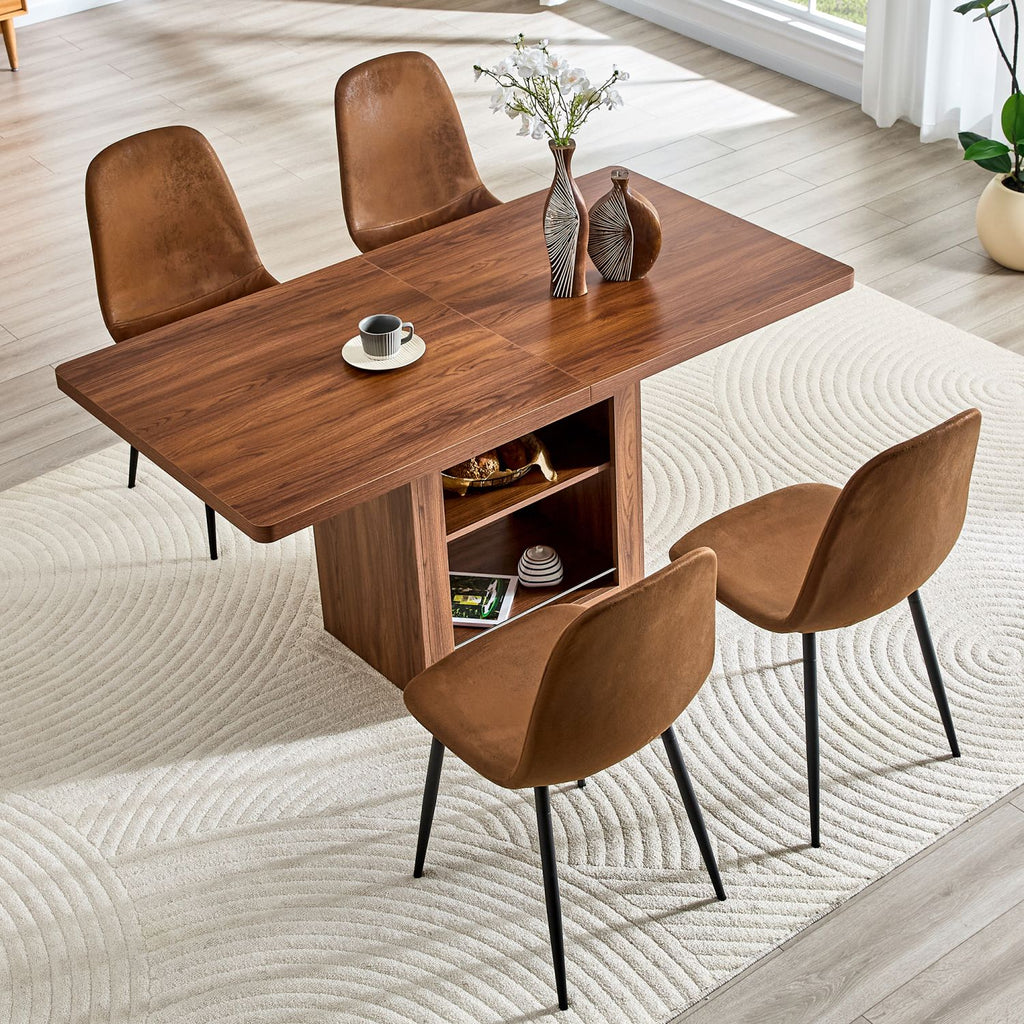 Expandable Dining table and chair set, 59-71 inch pull-out MDF table.Paired With 4 technological fabric chairs, modern light luxury restaurant furniture. Suitable for restaurants, kitchens, etc.