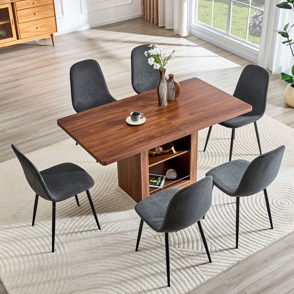 Expandable Dining table and chair set, 59-71 inch pull-out MDF table.Paired With 6 Dark Gray Linen-Cotton Material chairs, modern light luxury restaurant furniture.Suitable for restaurants, kitchens,