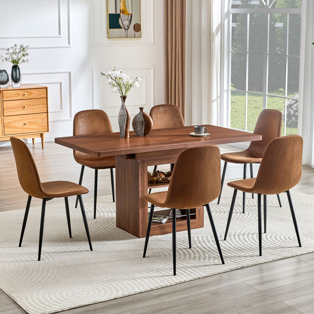 Expandable Dining table and chair set, 59-71 inch pull-out MDF table.Paired With 6 technological fabric chairs, modern light luxury restaurant furniture. Suitable for restaurants, kitchens, etc.