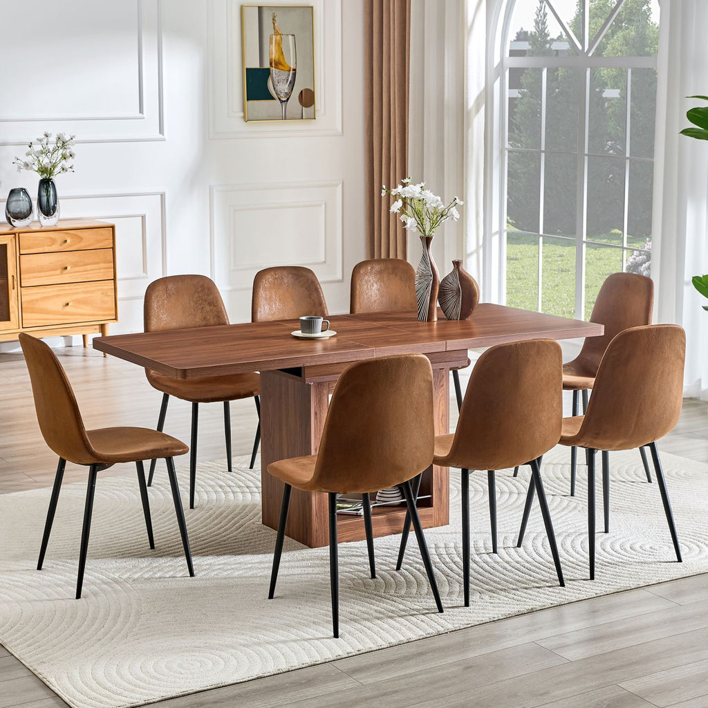 Expandable Dining table and chair set, 59-71 inch pull-out MDF table.Paired With 8 technological fabric chairs, modern light luxury restaurant furniture. Suitable for restaurants, kitchens, etc.
