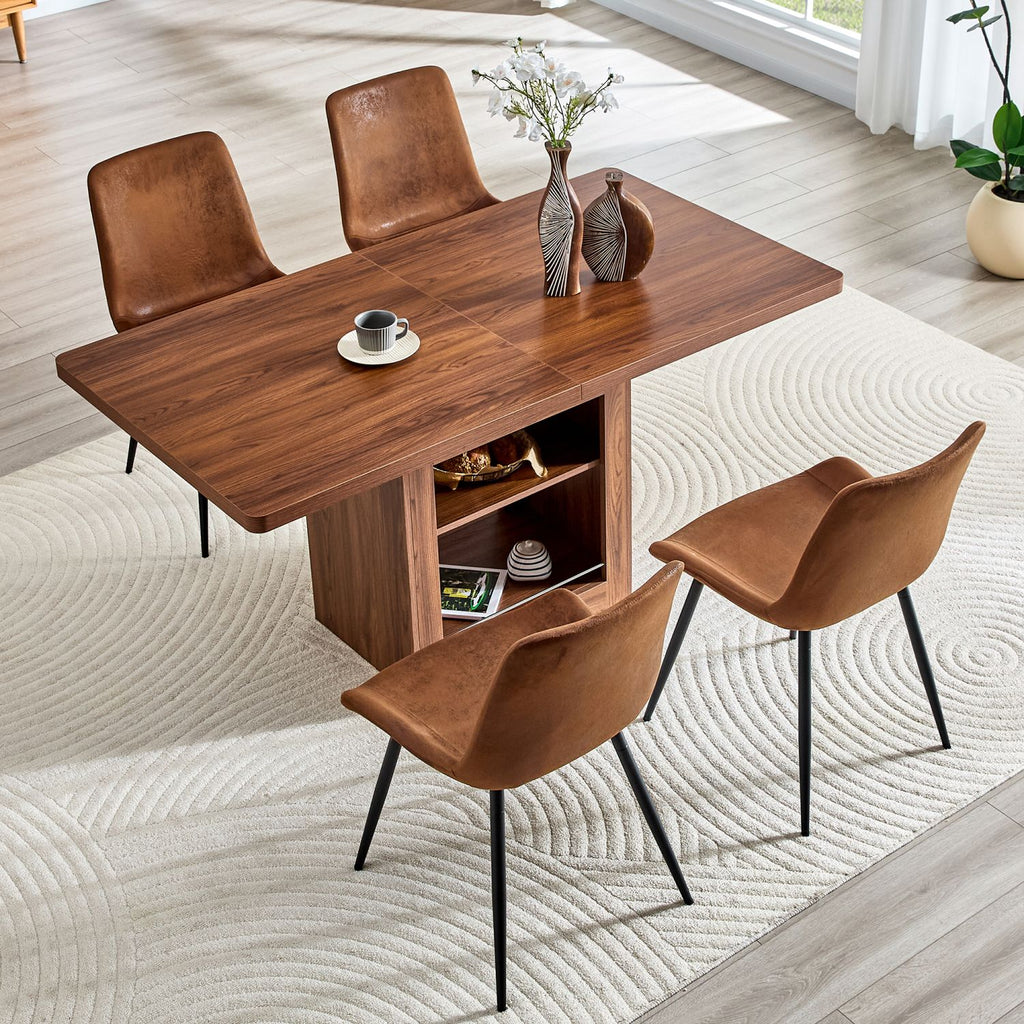Expandable Dining table and chair set, 59-71 inch pull-out MDF table.Walnut MDF table.Paired With 4 Comfortable Technology-Fabric Brown Chairs With Curved Widened Cushion Design.