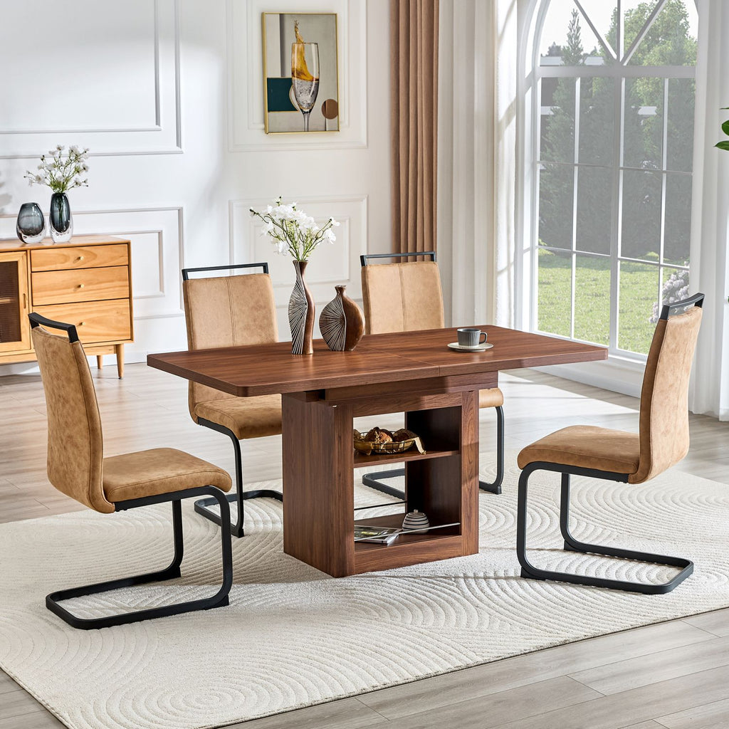 Expandable Dining table and chair set, 59-71 inch pull-out MDF table.Walnut MDF table.Paired With 4 Technology-Fabric Brown Chairs With Black Sturdy Metal Legs. Suitable for kitchen,Dining room,etc.