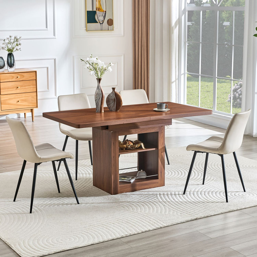 Expandable Dining table and chair set, 59-71 inch pull-out MDF table.Walnut MDF table.Paired With 4 Warm Gray Artificial PU Chairs With Curved Widened Cushion Design.Suitable for dining rooms,office.