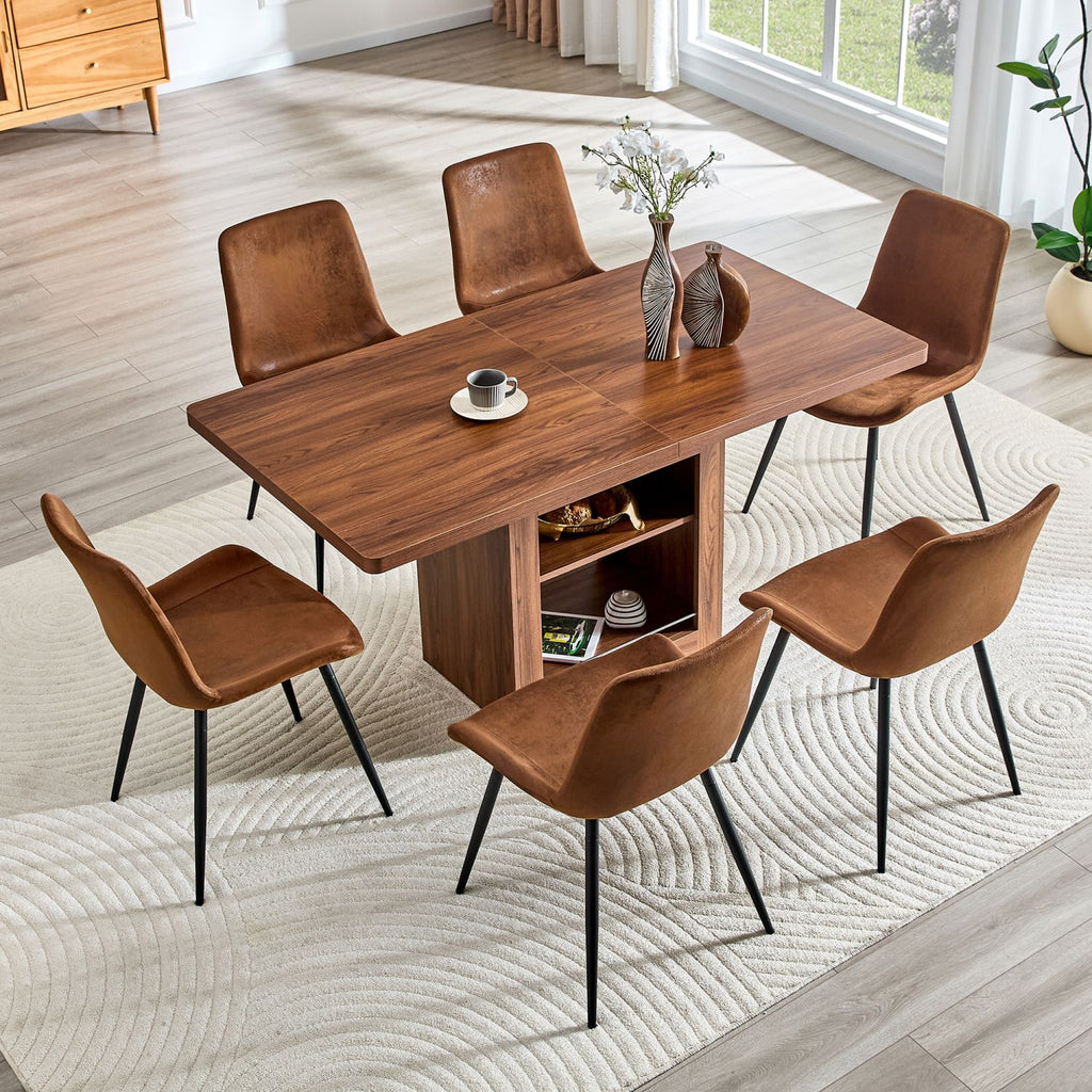 Expandable Dining table and chair set, 59-71 inch pull-out MDF table.Walnut MDF table.Paired With 6 Comfortable Technology-Fabric Brown Chairs With Curved Widened Cushion Design.