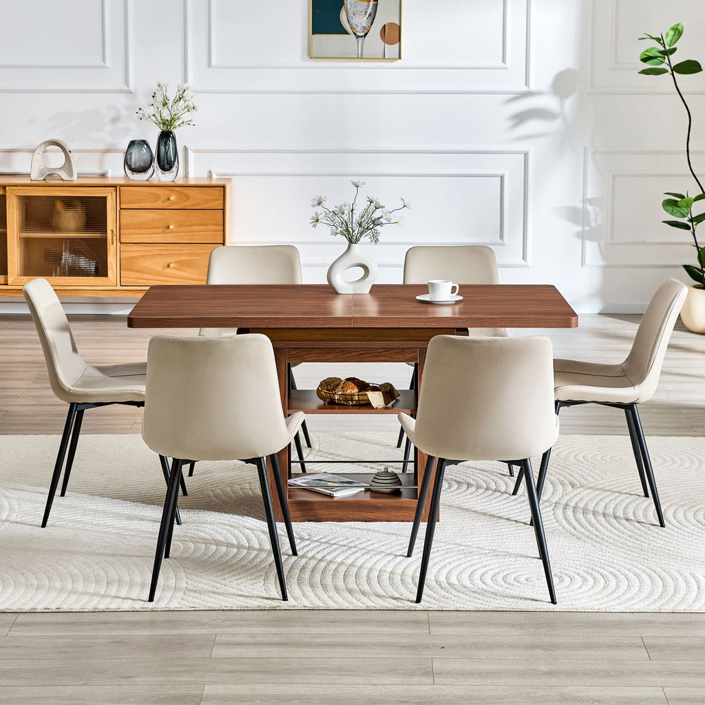 Expandable Dining table and chair set, 59-71 inch pull-out MDF table.Walnut MDF table.Paired With 6 Warm Gray Artificial PU Chairs With Curved Widened Cushion Design.Suitable for dining rooms,office.