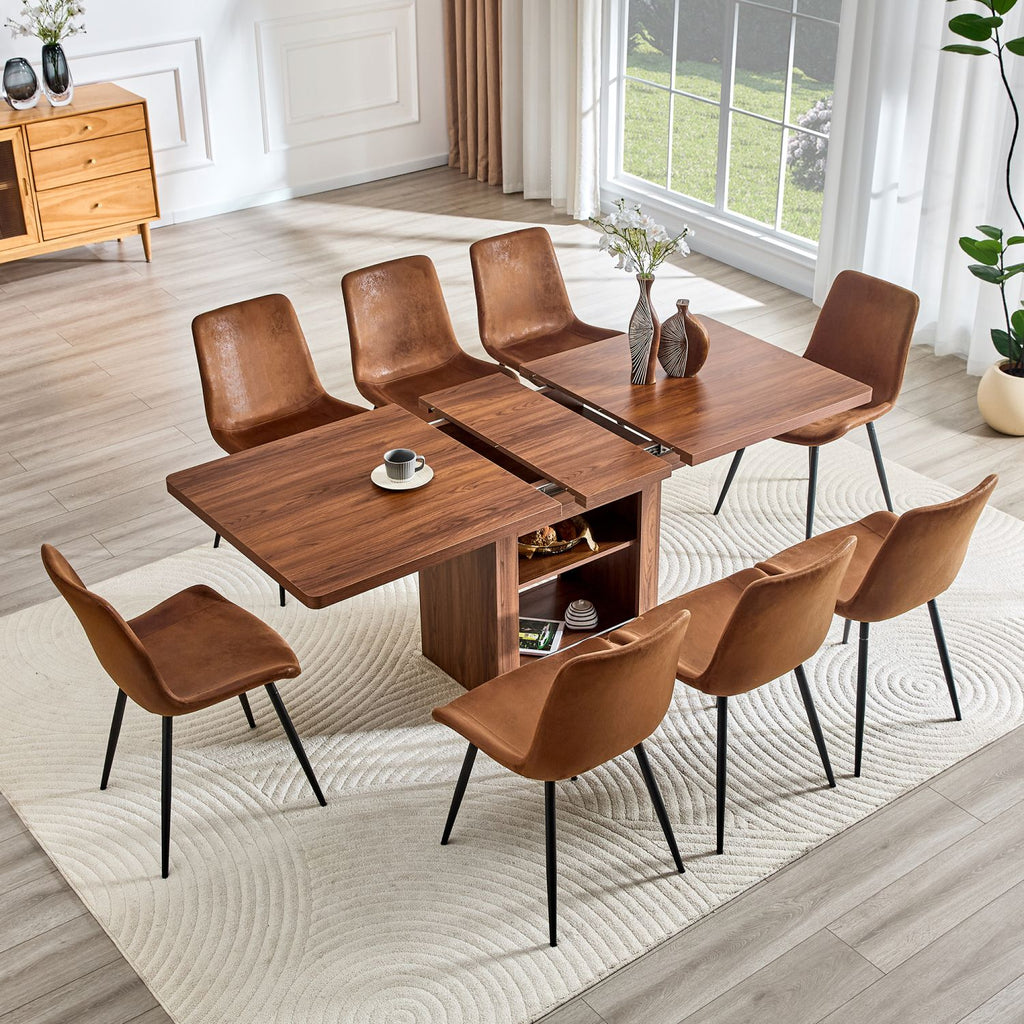 Expandable Dining table and chair set, 59-71 inch pull-out MDF table.Walnut MDF table.Paired With 8 Comfortable Technology-Fabric Brown Chairs With Curved Widened Cushion Design.