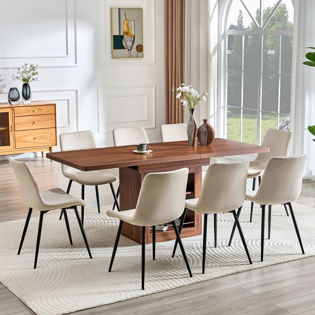 Expandable Dining table and chair set, 59-71 inch pull-out MDF table.Walnut MDF table.Paired With 8 Warm Gray Artificial PU Chairs With Curved Widened Cushion Design.Suitable for dining rooms,office.
