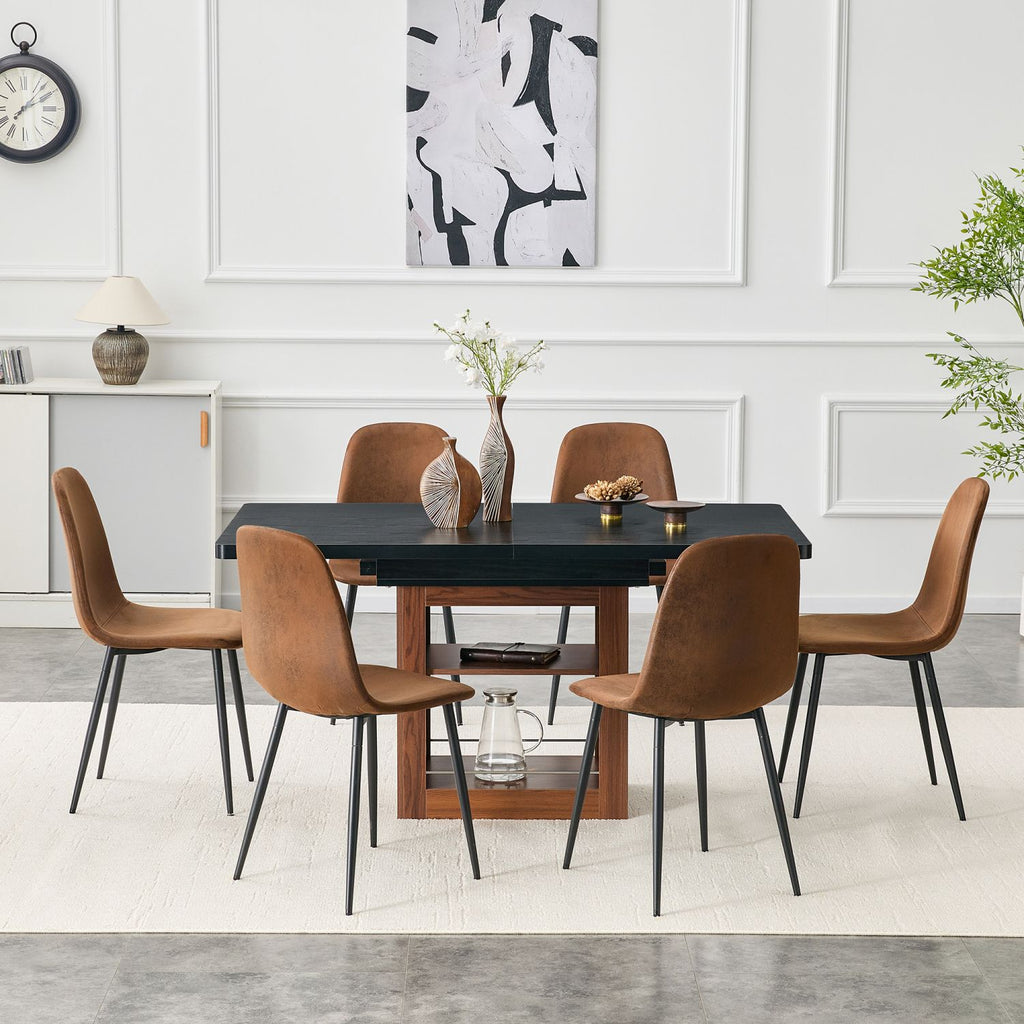 Expandable Dining table and chair set, 59-71 inch pull-out table, 6-piece set of technological fabric chairs, modern light luxury restaurant furniture. Suitable for restaurants, kitchens, etc.