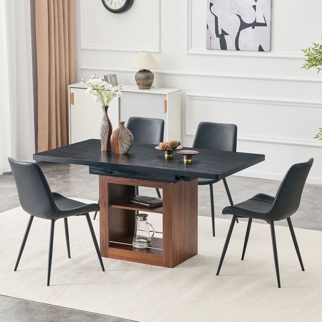 Expandable Dining table and chair set, 59-71 inch pull-out table,Paired With 4 Black Artificial PU Chairs With Curved Widened Cushion Design. Suitable for dining rooms,office,etc.