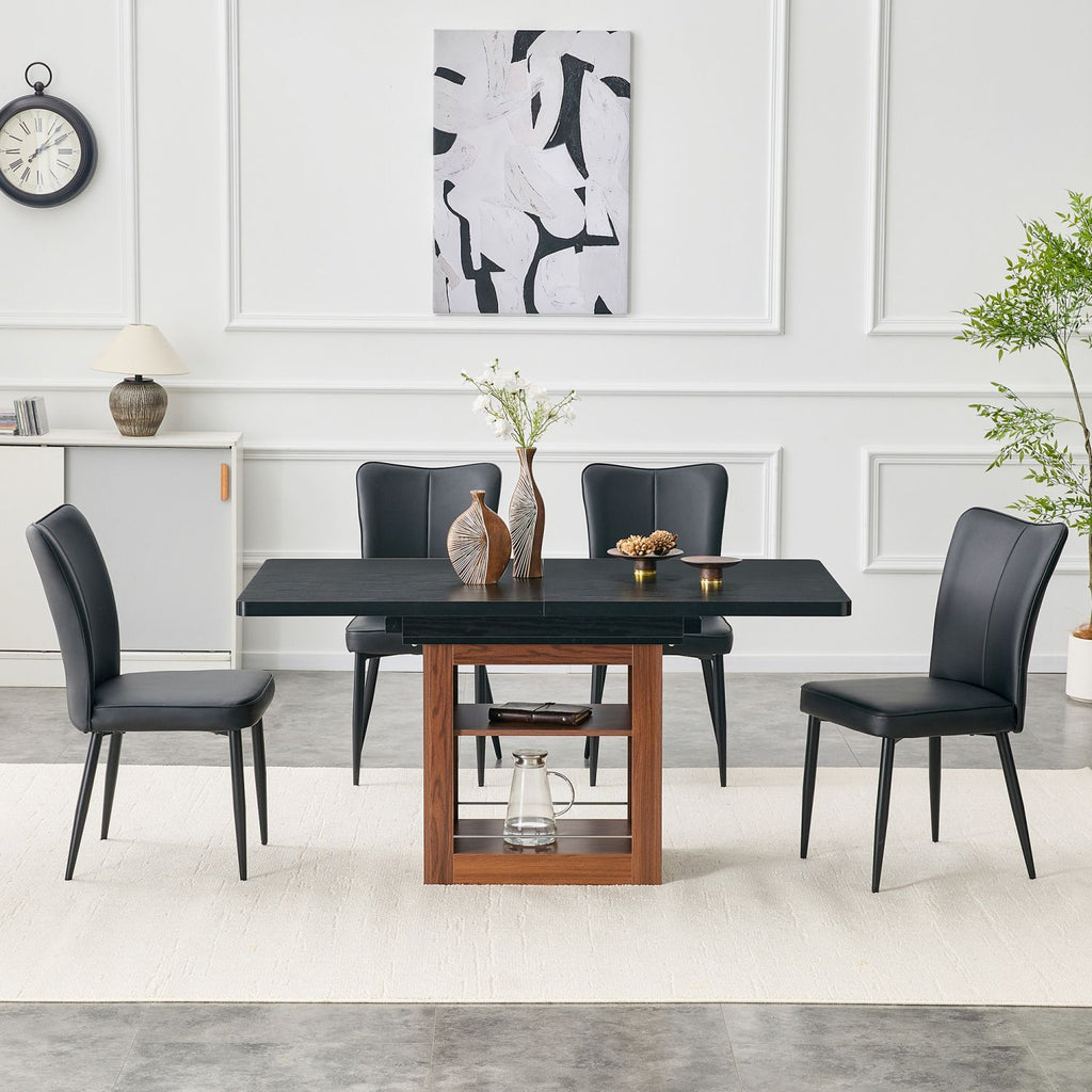 Expandable Dining table and chair set, 59-71 inch pull-out table,Paired With 4 Black PU chairs with a vertical stripe design on the backrest. Suitable for dining rooms,office,etc.