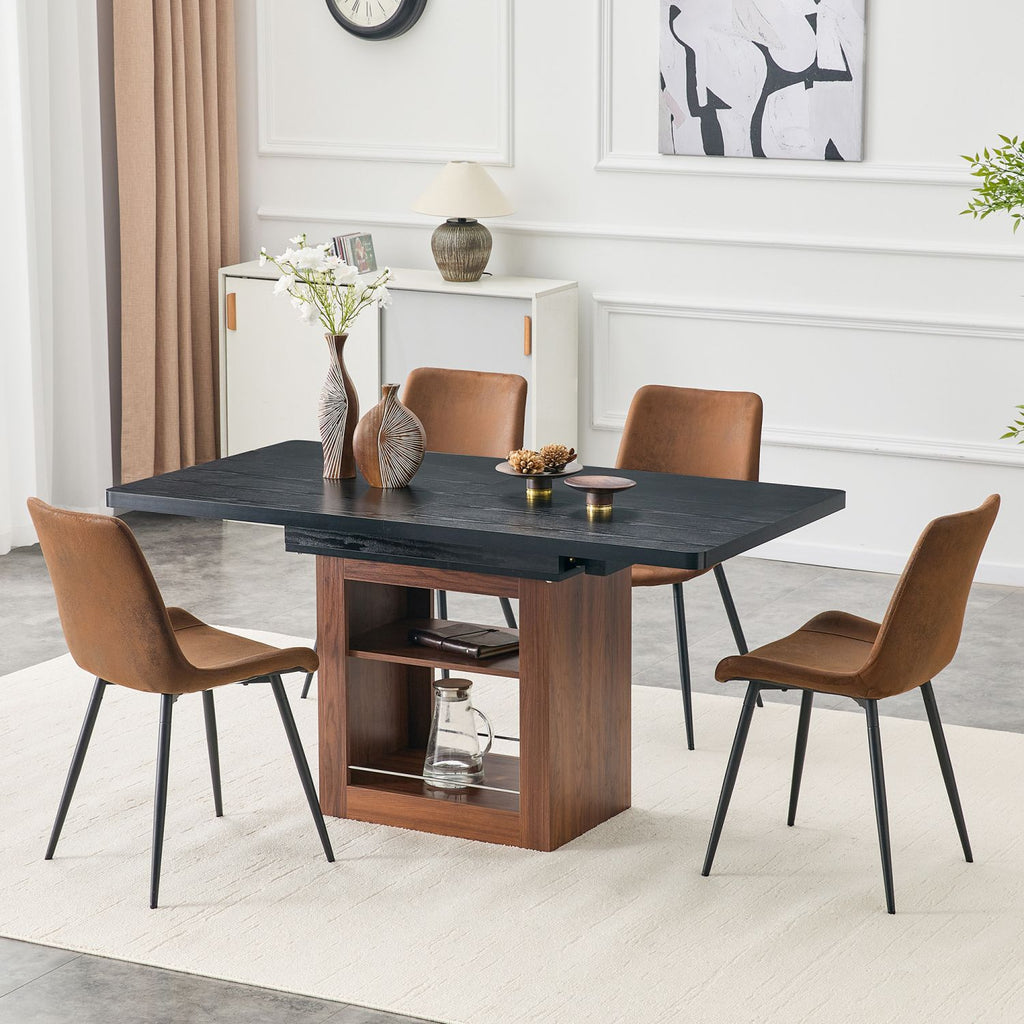 Expandable Dining table and chair set, 59-71 inch pull-out table,Paired With 4 Comfortable Technology-Fabric Brown Chairs With Curved Widened Cushion Design.Suitable for dining rooms,office,etc.