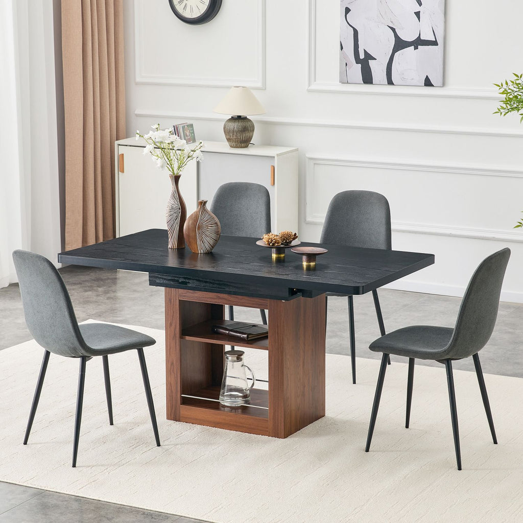 Expandable Dining table and chair set, 59-71 inch pull-out table,Paired With 4 Dark Gray Linen-Cotton Material chairs, modern light luxury restaurant furniture.Suitable for restaurants, kitchens, etc.