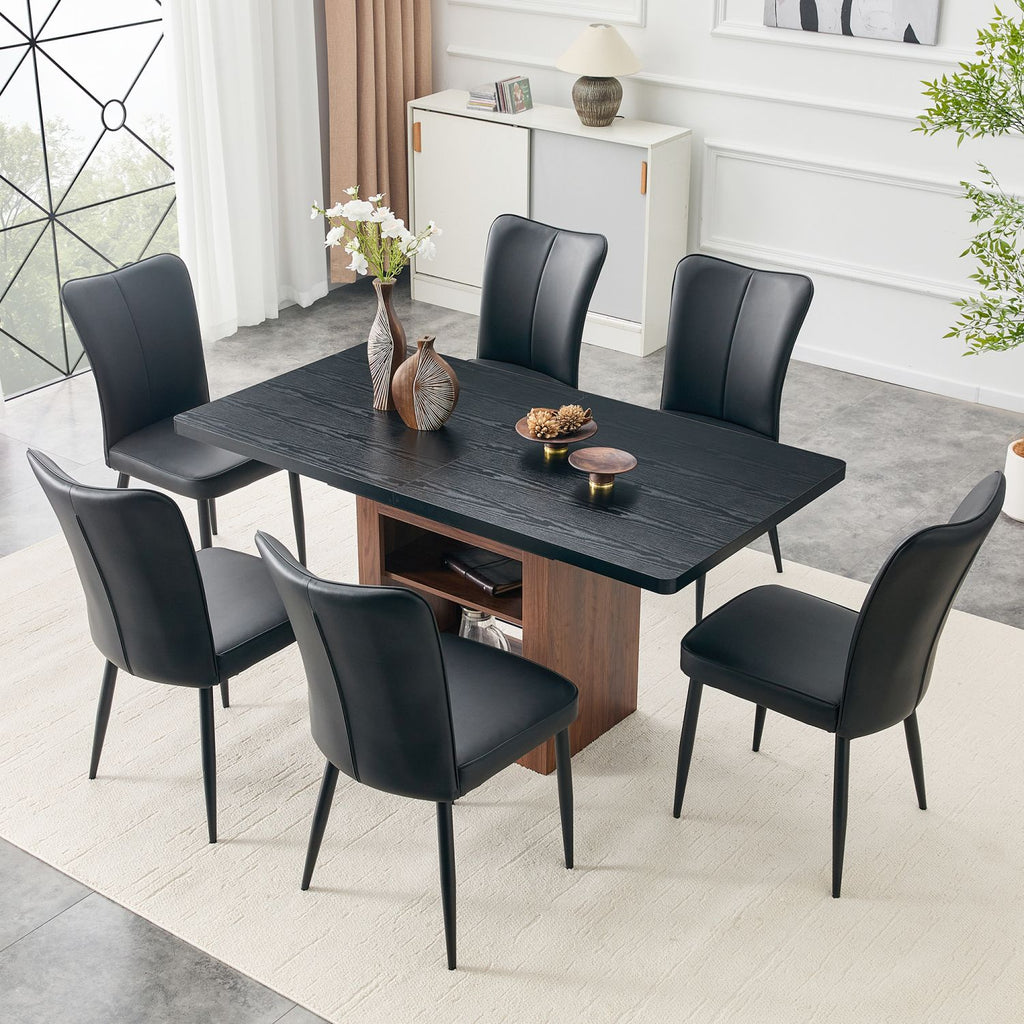 Expandable Dining table and chair set, 59-71 inch pull-out table,Paired With 6 Black PU chairs with a vertical stripe design on the backrest. Suitable for dining rooms,office,etc.