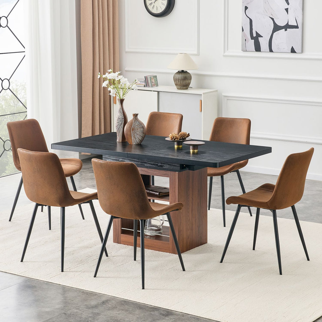 Expandable Dining table and chair set, 59-71 inch pull-out table,Paired With 6 Comfortable Technology-Fabric Brown Chairs With Curved Widened Cushion Design.Suitable for dining rooms,office,etc.