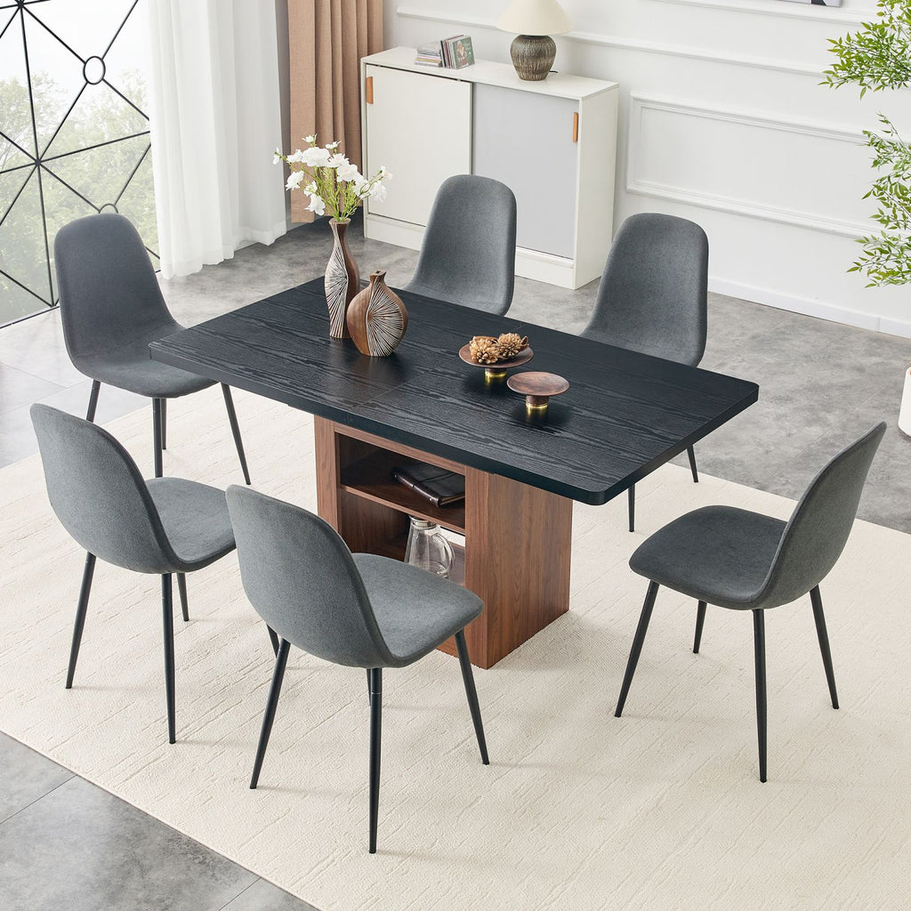 Expandable Dining table and chair set, 59-71 inch pull-out table,Paired With 6 Dark Gray Linen-Cotton Material chairs, modern light luxury restaurant furniture.Suitable for restaurants, kitchens, etc.