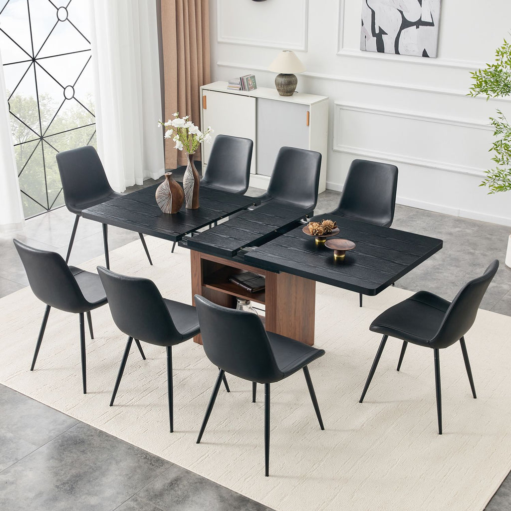Expandable Dining table and chair set, 59-71 inch pull-out table,Paired With 8 Black Artificial PU Chairs With Curved Widened Cushion Design. Suitable for dining rooms,office,etc.
